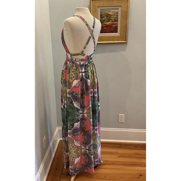 Yumi Kim Enchanted Silk Maxi Dress‎ Mosaic Print Back Cutout Detail Size Medium - Picture 5 of 11